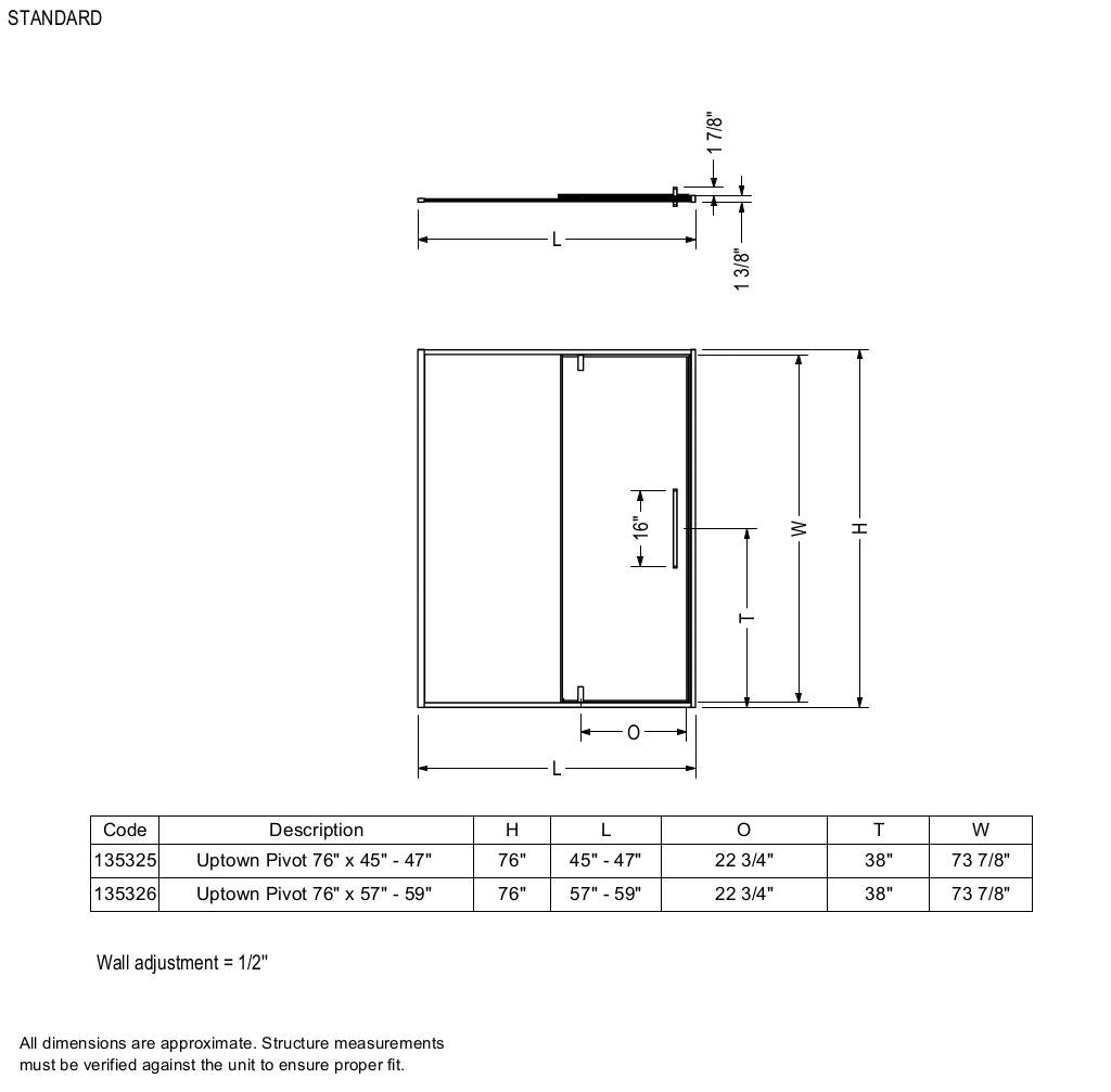 Uptown 57-59 x 76 in. 8 mm Pivot Shower Door for Alcove Installation with Clear glass in Chrome