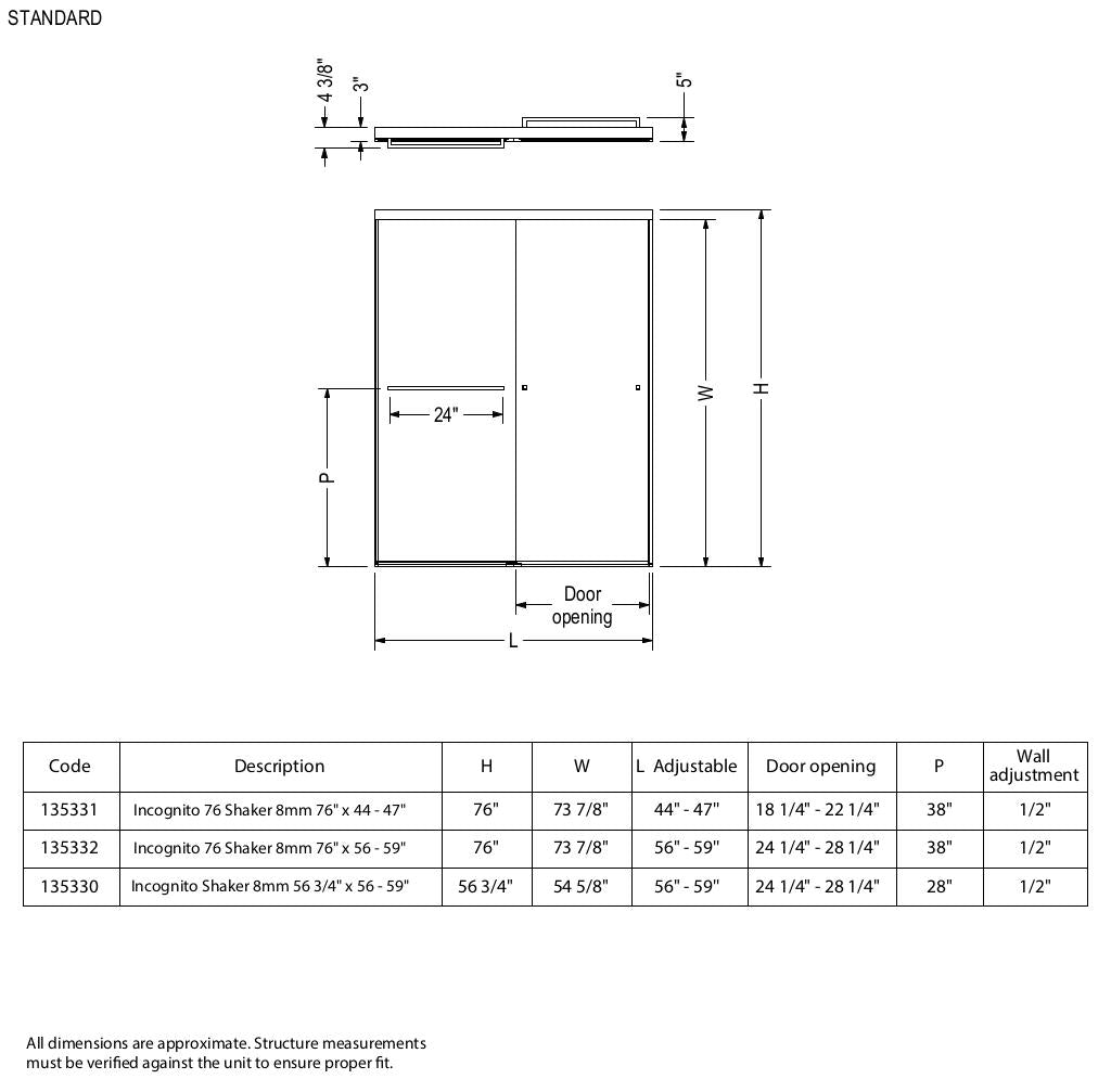 Incognito 57 Shaker 56-59 x 56 ¾ in. 8mm Bypass Tub Door for Alcove Installation with Shaker glass in Matte Black