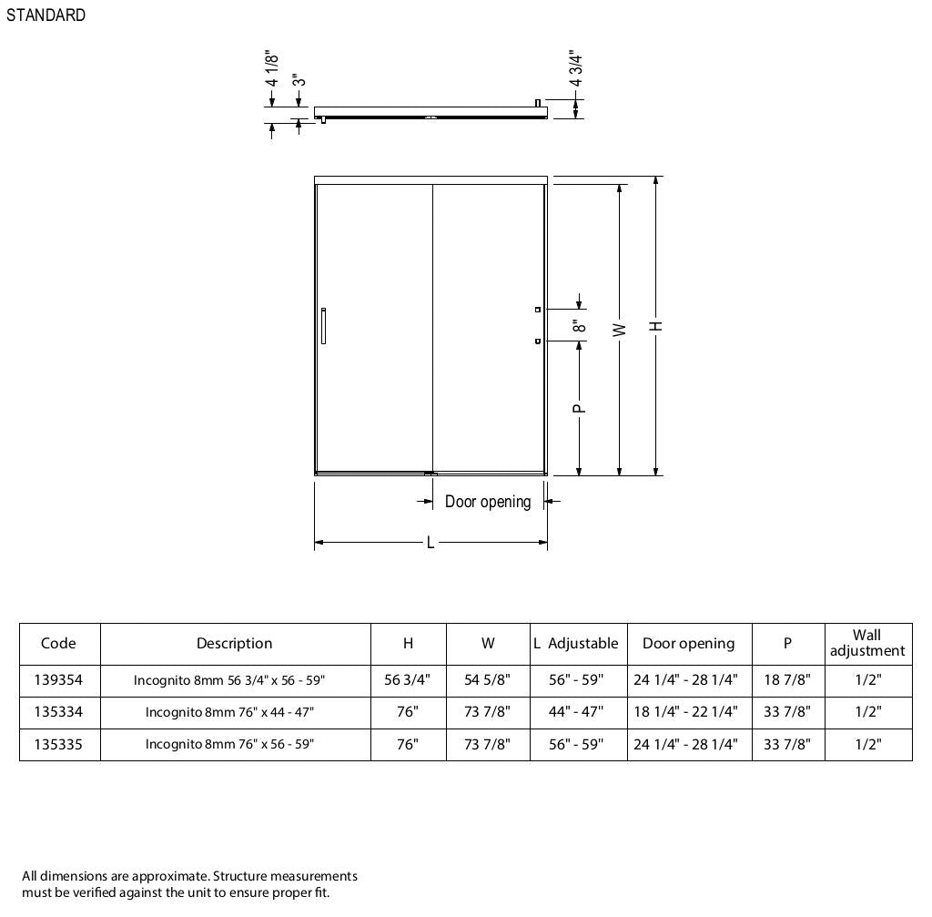 Incognito 76 56-59 x 76 in. 8mm Bypass Shower Door for Alcove Installation with Clear glass in Chrome