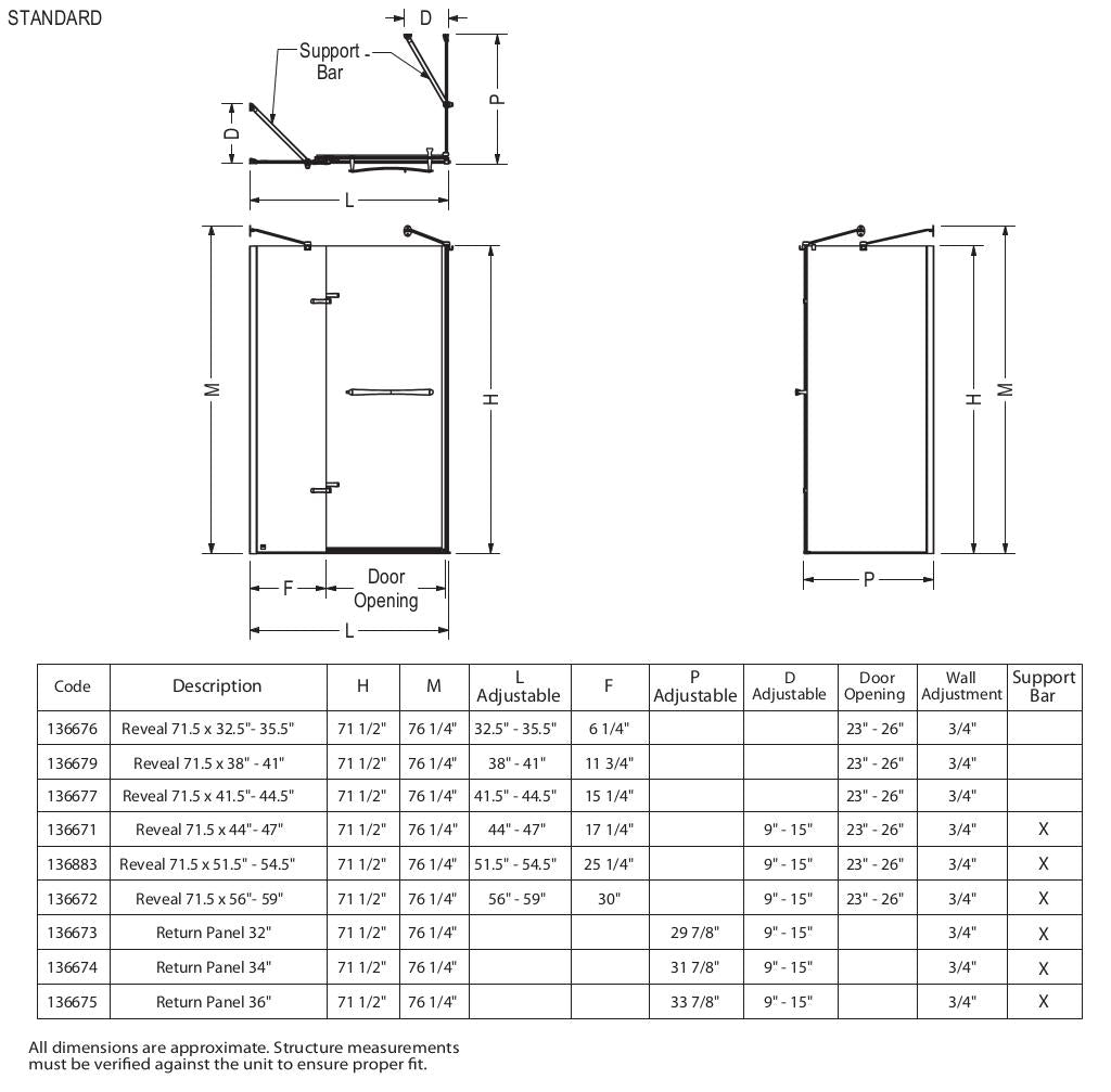 Reveal 71 44-47 x 71 ½ in. 8mm Pivot Shower Door for Alcove Installation with Clear glass in Chrome