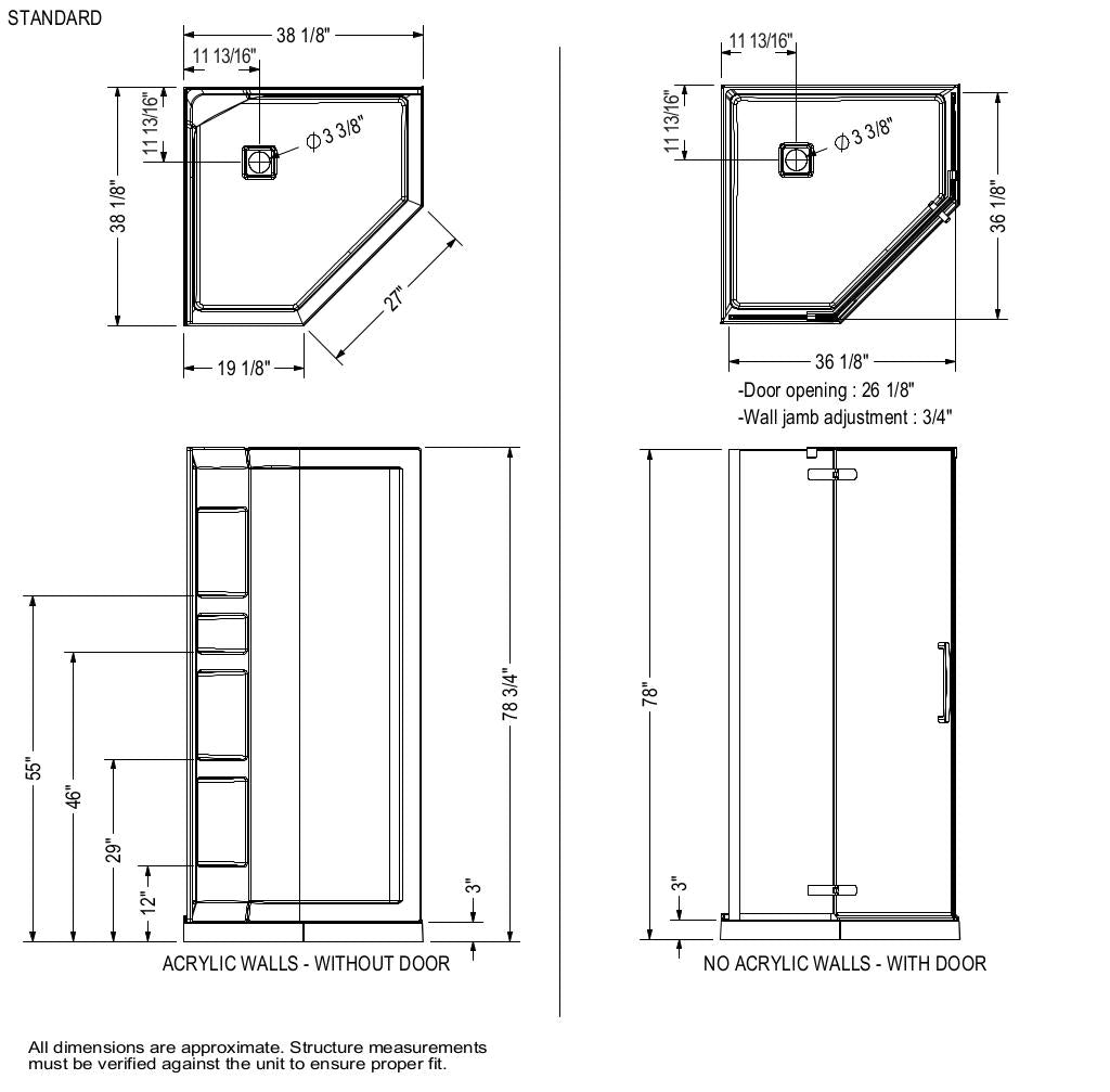 Hana Neo-angle 38 x 38 x 75 in. 8mm Pivot Shower Door for Corner Installation with Clear glass in Chrome
