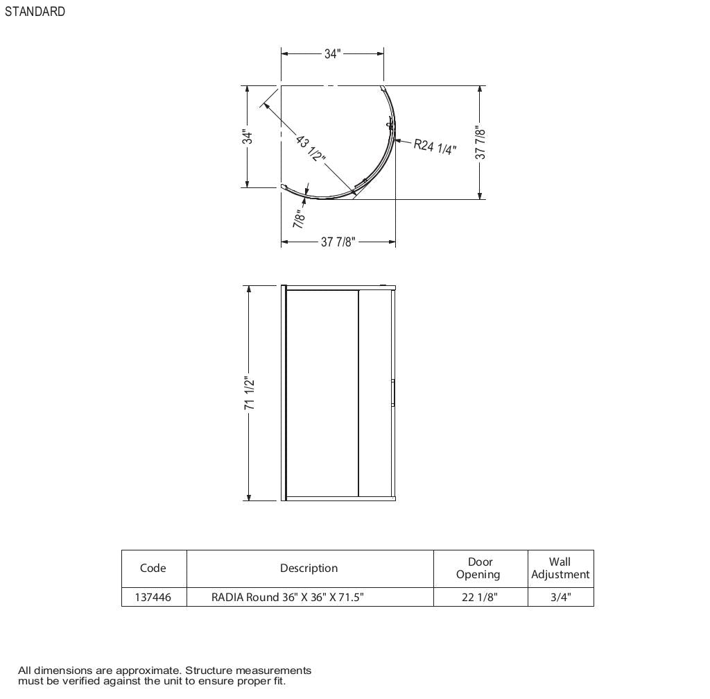 Radia Round 36 x 36 x 71 ½ in. 6 mm Sliding Shower Door for Corner Installation with Clear glass in Chrome