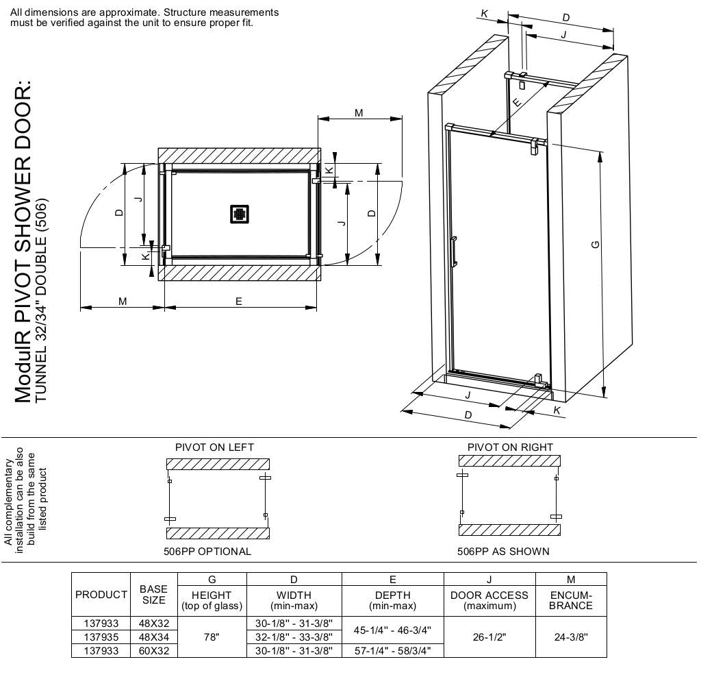 ModulR 2 32 x 78 in. 8mm Pivot Shower Door for Tunnel Installation with Clear glass in Chrome