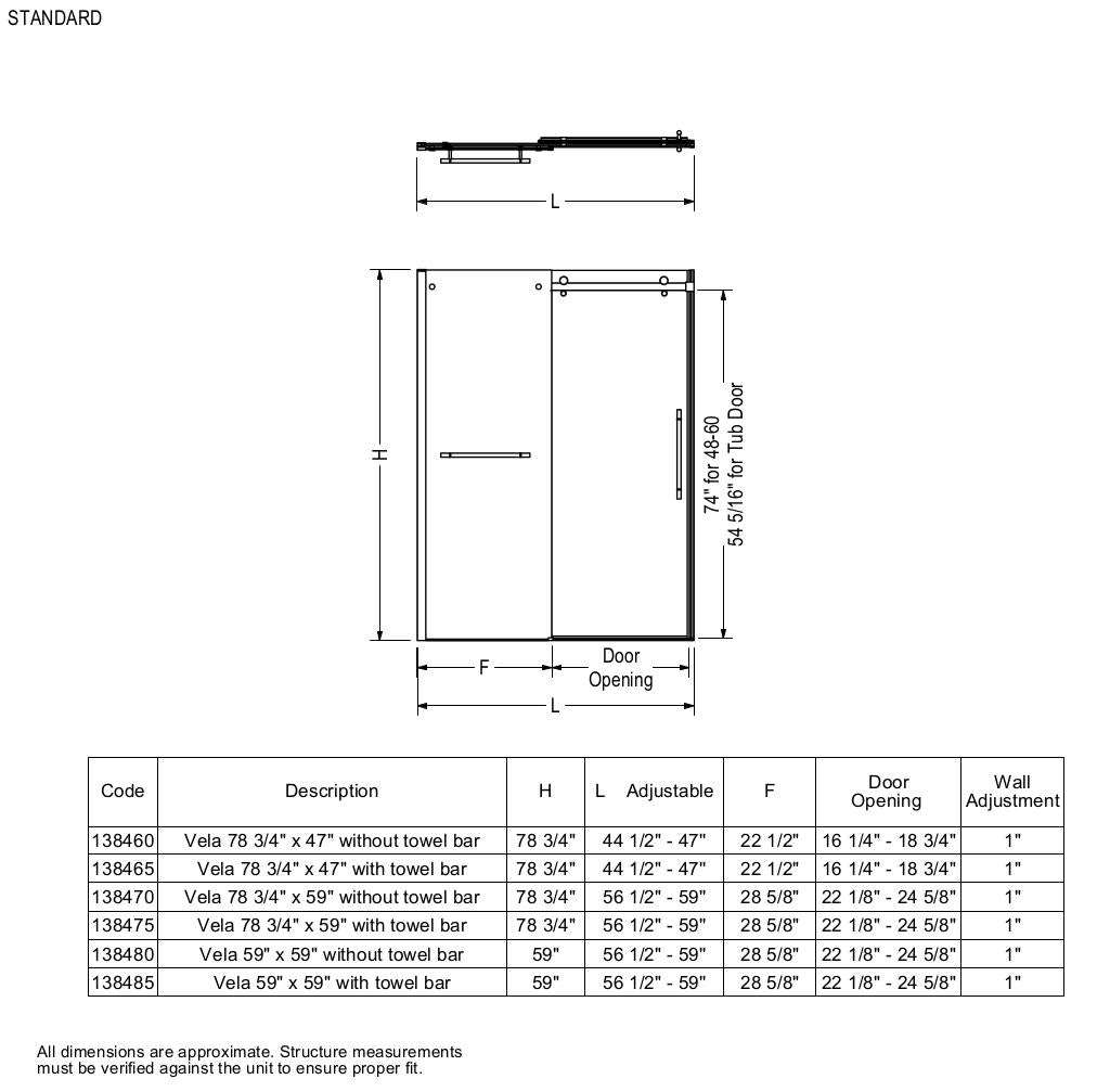 Vela 44 ½-47 x 78 ¾ in. 8mm Sliding Shower Door with Towel Bar for Alcove Installation with Clear glass in Chrome