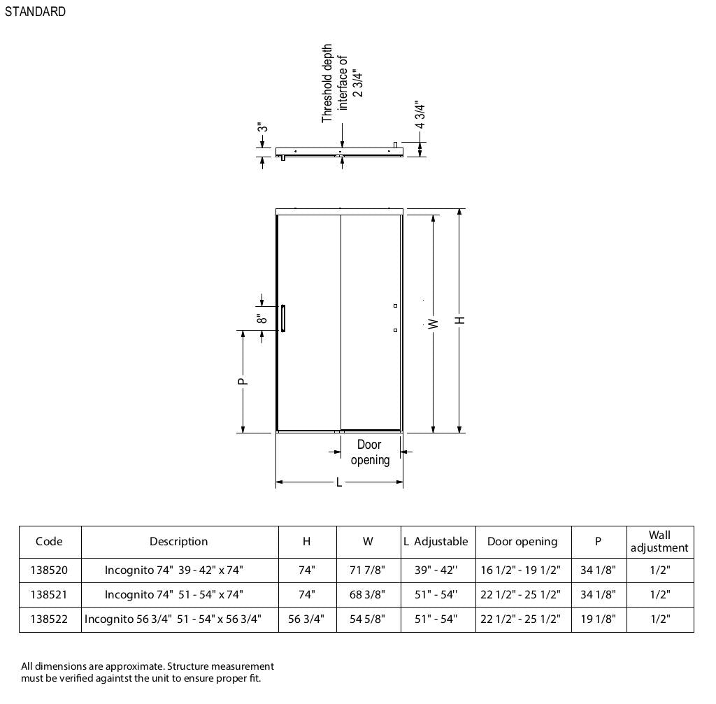 Incognito 57 51-54 x 56 ¾ in. 8mm Bypass Tub Door for Alcove Installation with Clear glass in Chrome