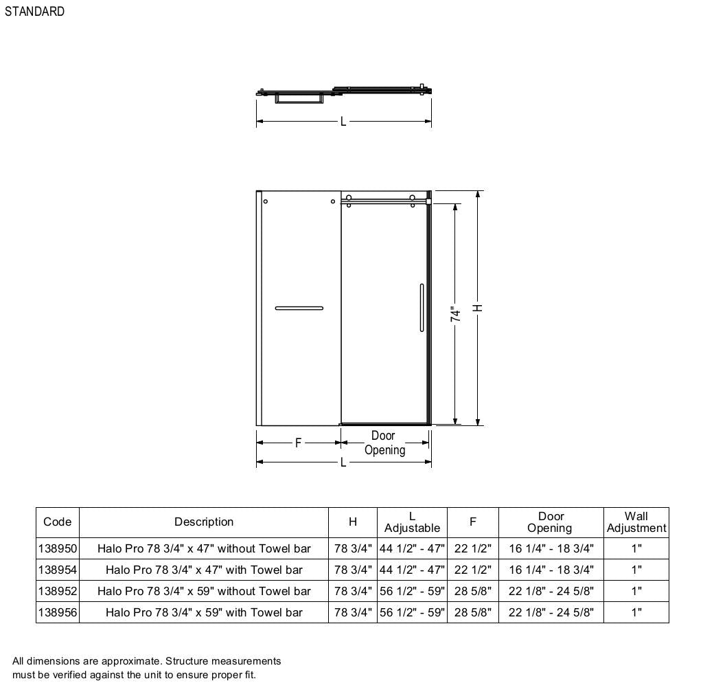Halo Pro 44 ½-47 x 78 ¾ in. 8 mm Sliding Shower Door with Towel Bar for Alcove Installation with Clear glass in Chrome
