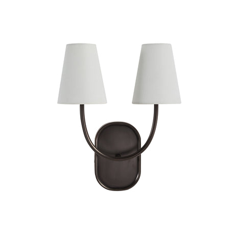 Megara 2-light wall sconce front view showing oval backplate, shades unlit