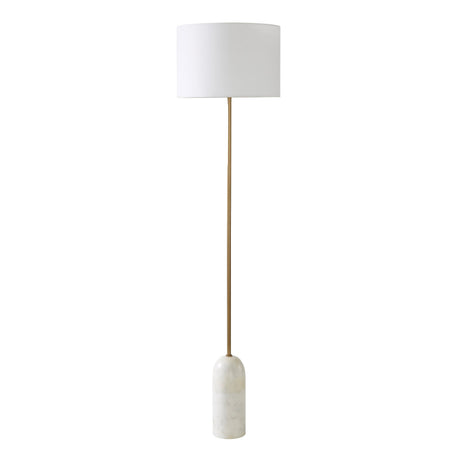 Lozica floor lamp full front view with slim pole and linen shade, unlit