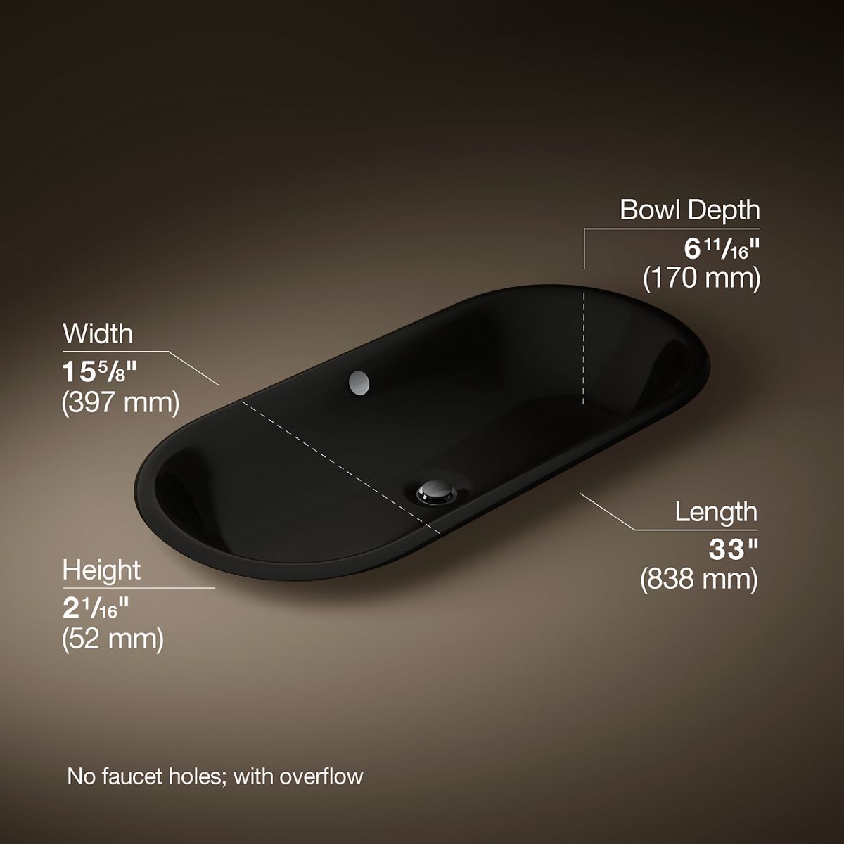 Iron Plains® 33" oval drop-in/undermount/vessel bathroom sink with Iron Black painted underside