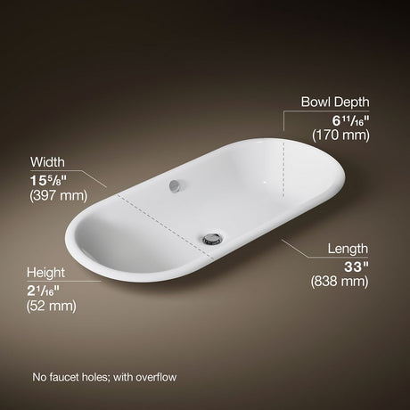 Iron Plains® 33" oval drop-in/undermount/vessel bathroom sink with White painted underside