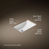 Ladena® 21" rectangular undermount bathroom sink with glazed underside, no overflow
