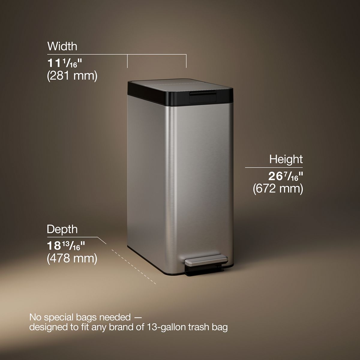 13-gallon stainless steel slim step trash can with bifold lid