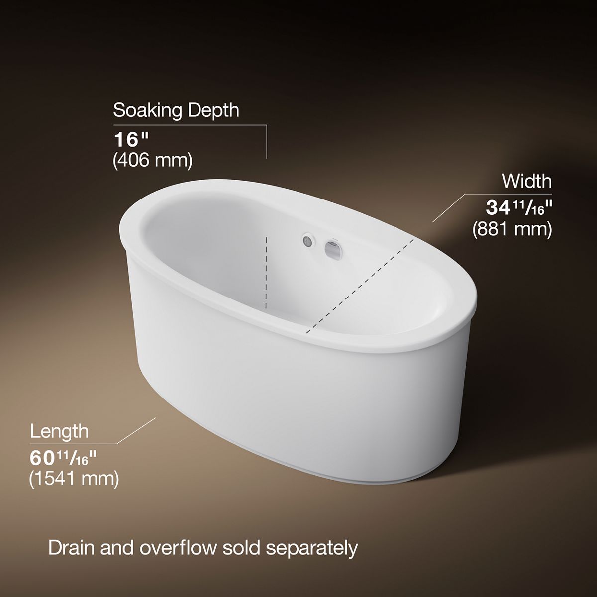 Sunstruck® 60" x 34" freestanding bath with Bask® heated surface and straight shroud