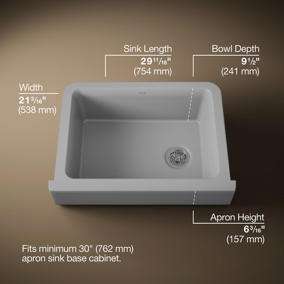 Cairn® 29-3/4" undermount single-bowl farmhouse kitchen sink with short apron