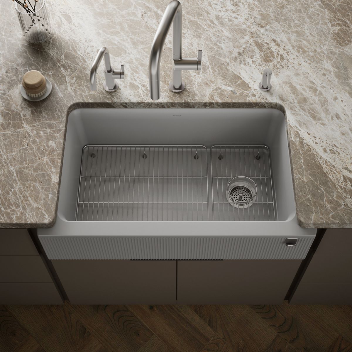 Cairn® 34" undermount single-bowl farmhouse kitchen sink with fluted design