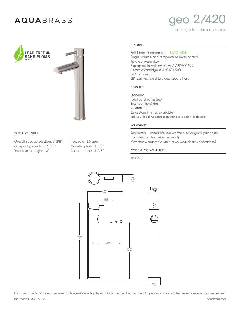 Tall single-hole lavatory faucet