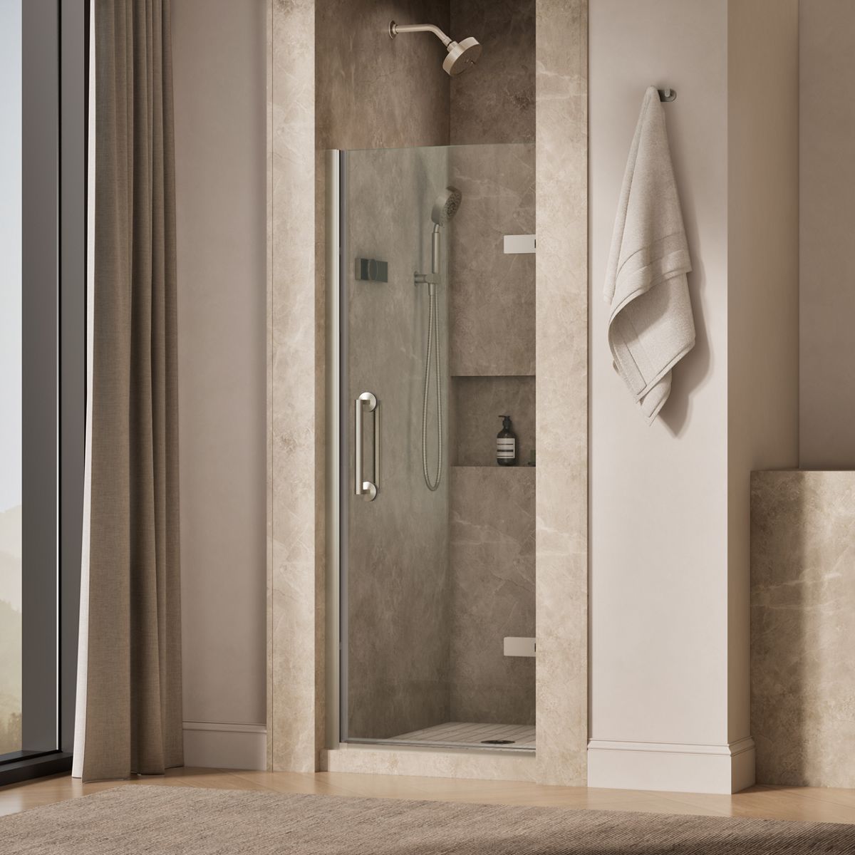 Components™ 27-5/8"-28-3/8" W x 71-5/8" H pivot shower door with 3/8"-thick Crystal Clear glass