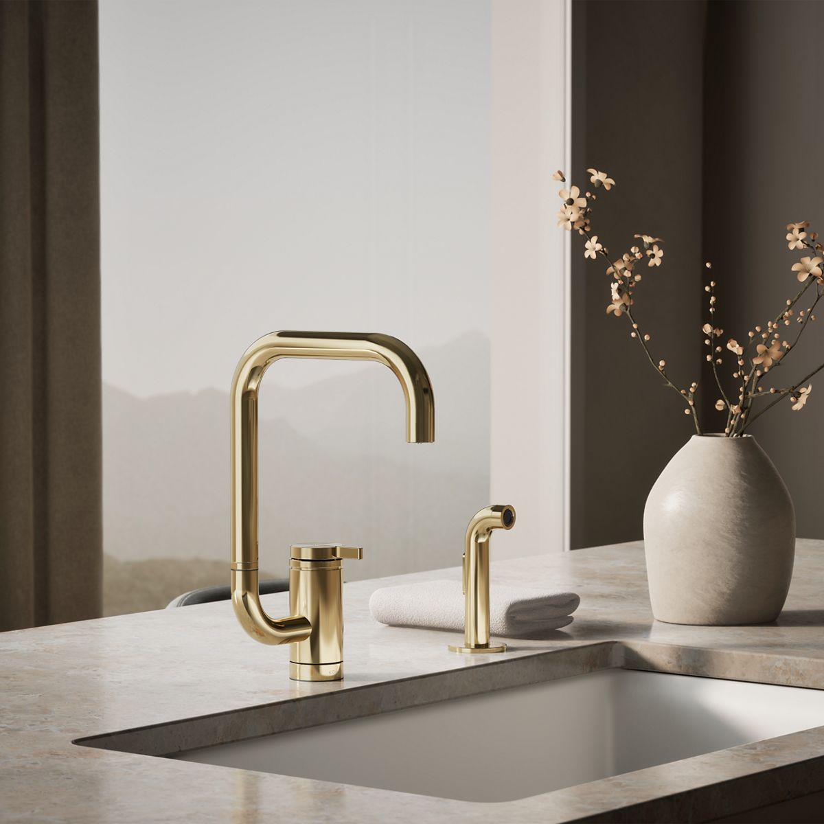 Components® Single-handle kitchen sink faucet with two-function extended-reach spout and side sprayer