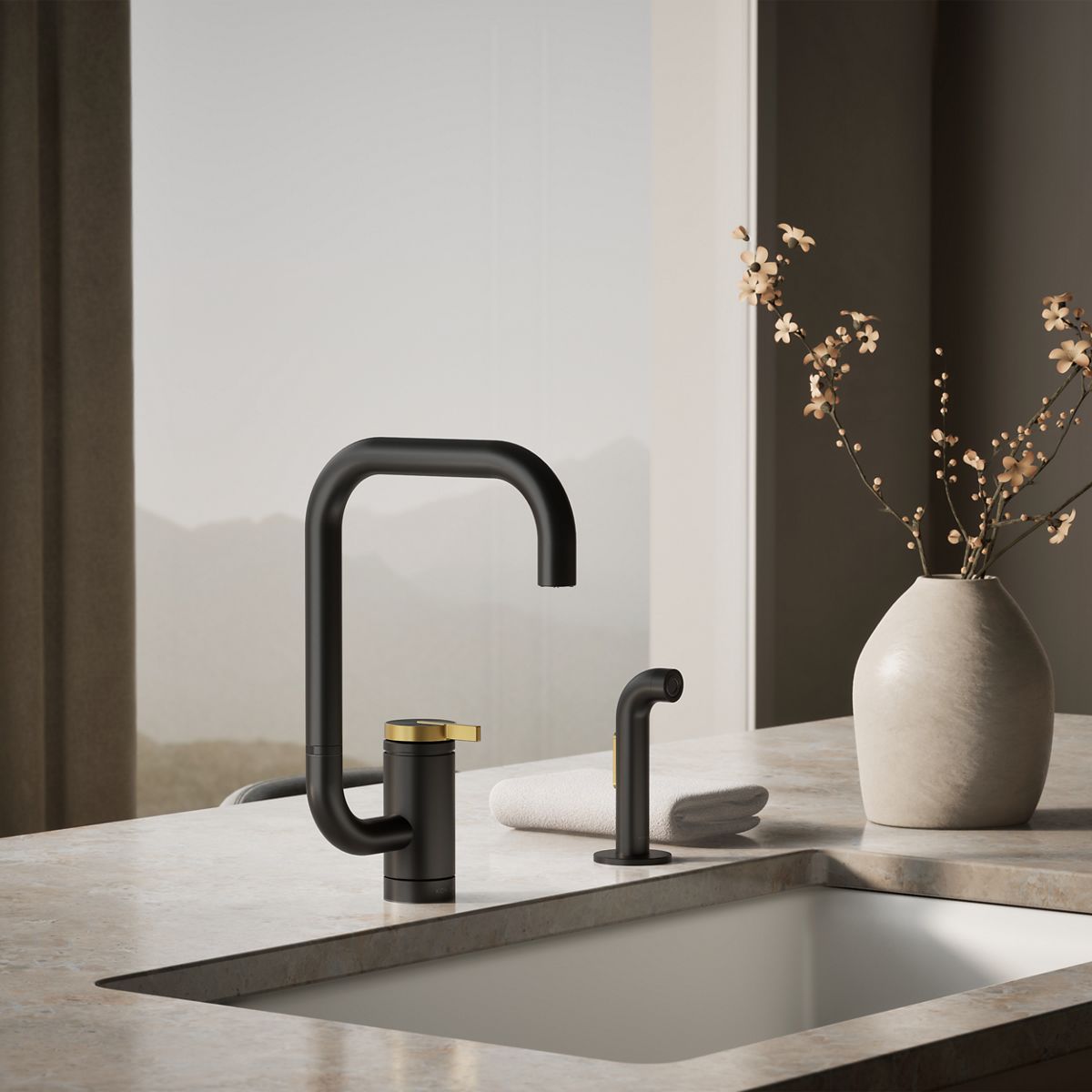 Components® Single-handle kitchen sink faucet with two-function extended-reach spout and side sprayer