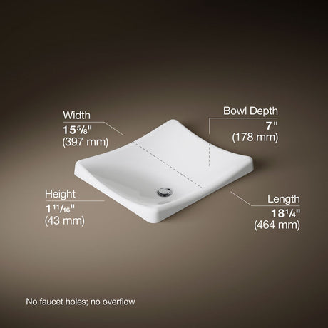 DemiLav® 18-1/4" rectangular vessel bathroom sink, no overflow