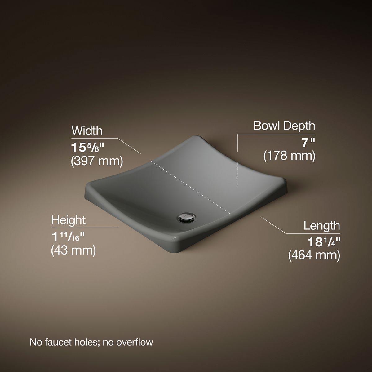 DemiLav® 18-1/4" rectangular vessel bathroom sink, no overflow