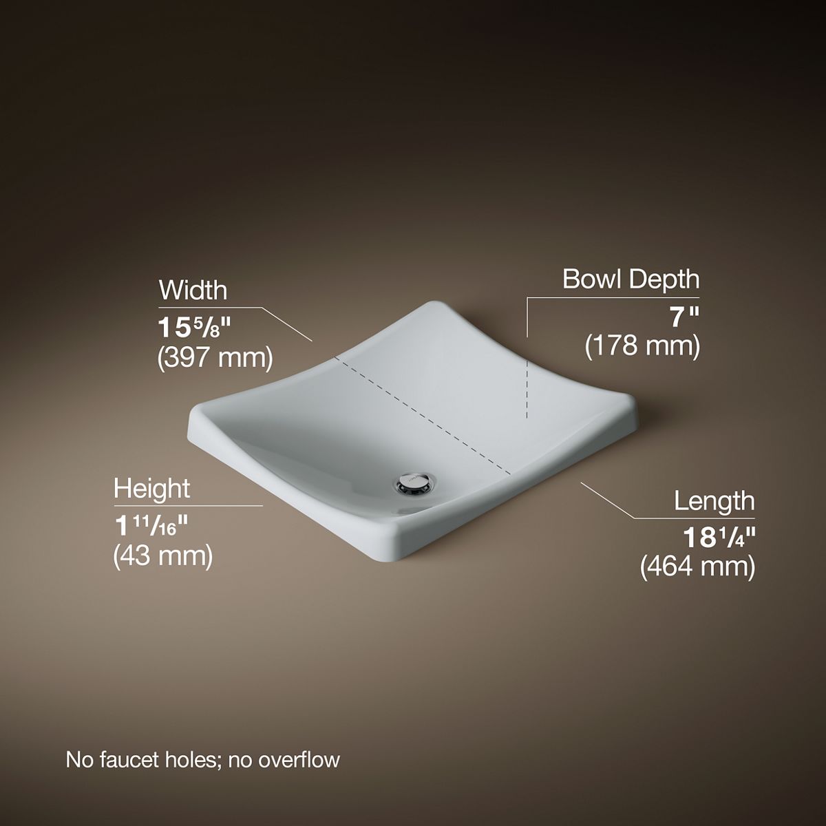DemiLav® 18-1/4" rectangular vessel bathroom sink, no overflow
