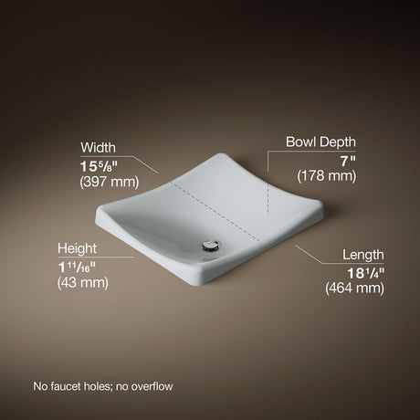 DemiLav® 18-1/4" rectangular vessel bathroom sink, no overflow