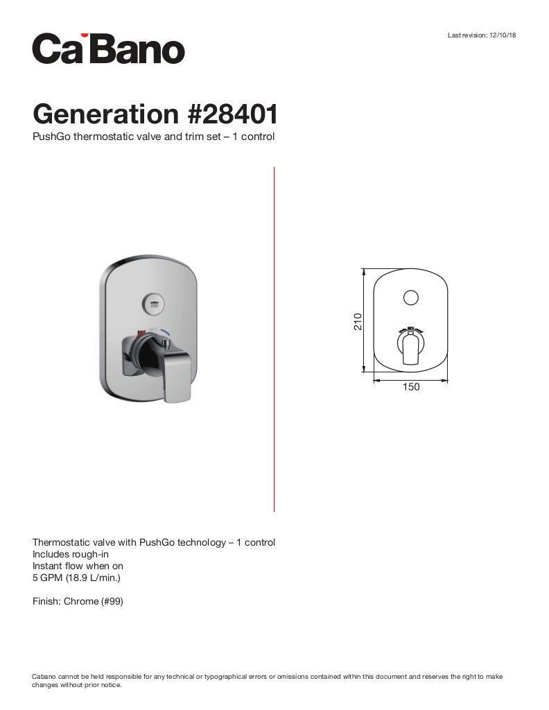PushGo thermostatic valve and trim set - 1 control