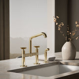 Billet® Two-hole bridge kitchen sink faucet with side sprayer