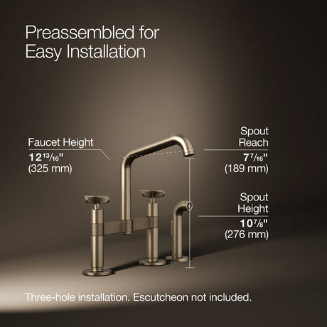 Billet® Two-hole bridge kitchen sink faucet with side sprayer