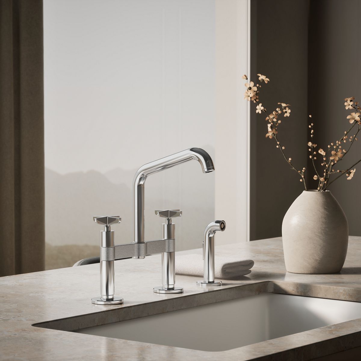Billet® Two-hole bridge kitchen sink faucet with side sprayer