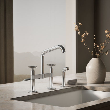 Billet® Two-hole bridge kitchen sink faucet with side sprayer