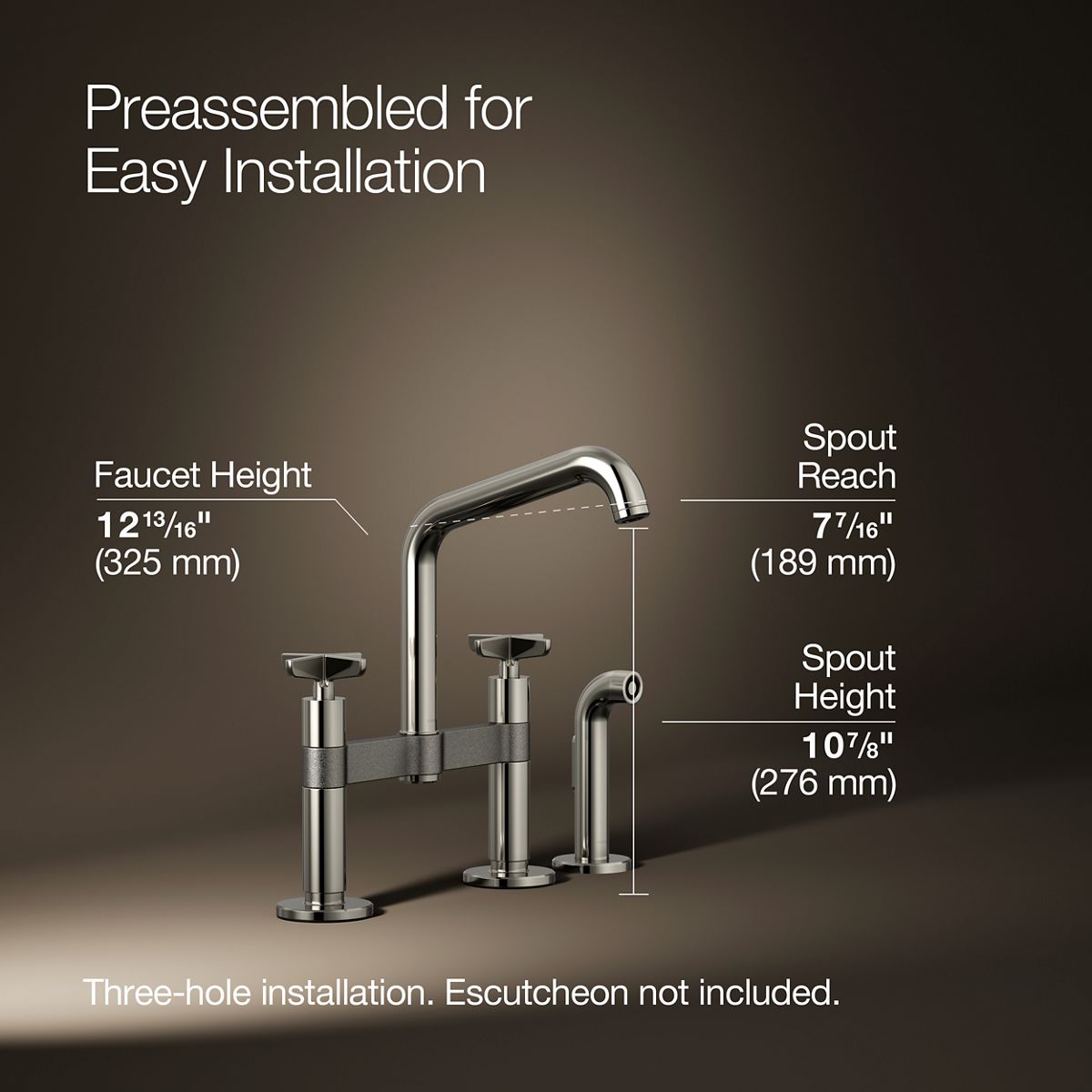 Billet® Two-hole bridge kitchen sink faucet with side sprayer