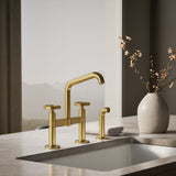 Billet® Two-hole bridge kitchen sink faucet with side sprayer