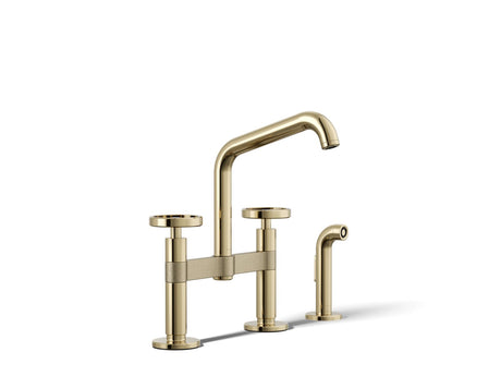 Billet® Two-hole bridge kitchen sink faucet with side sprayer