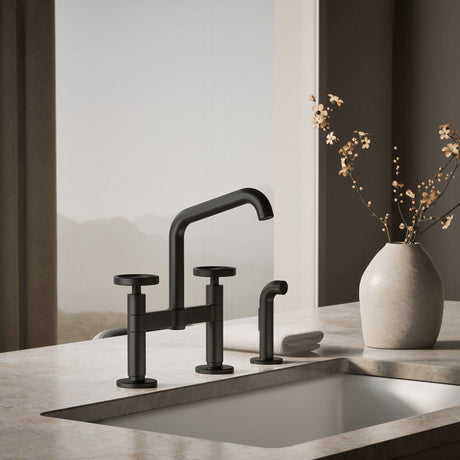 Billet® Two-hole bridge kitchen sink faucet with side sprayer