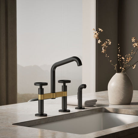 Billet® Two-hole bridge kitchen sink faucet with side sprayer