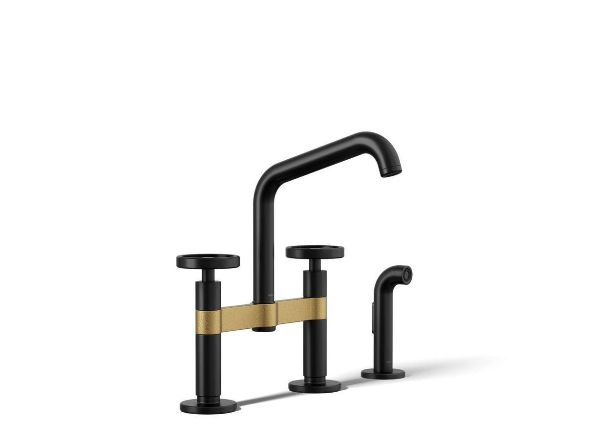 Billet® Two-hole bridge kitchen sink faucet with side sprayer