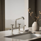 Billet® Two-hole bridge kitchen sink faucet with side sprayer