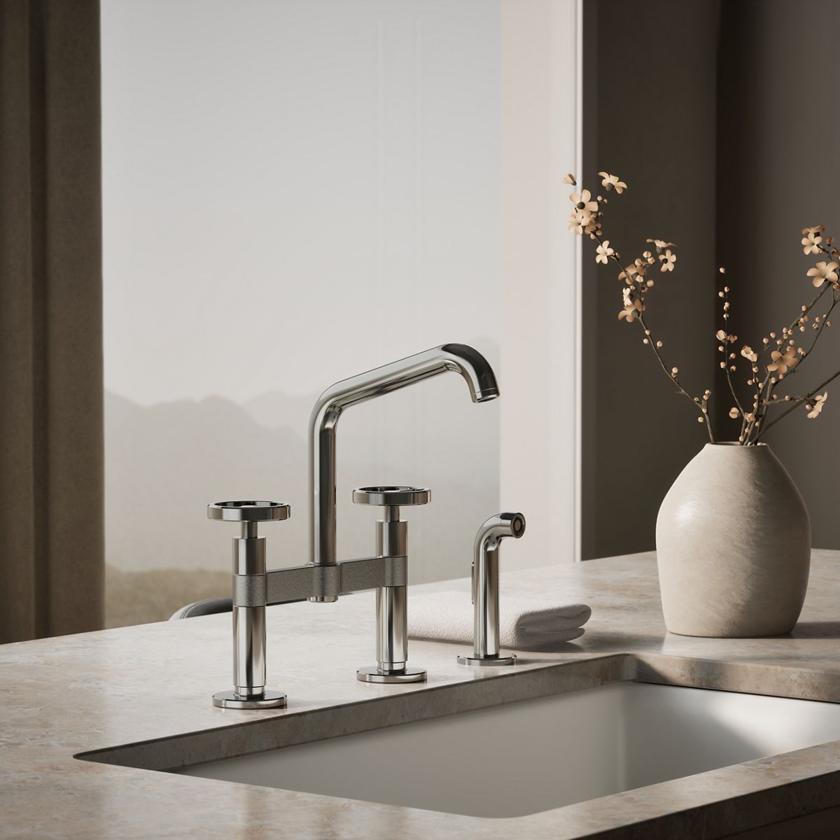 Billet® Two-hole bridge kitchen sink faucet with side sprayer