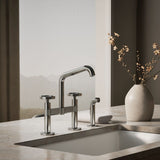 Billet® Two-hole bridge kitchen sink faucet with side sprayer