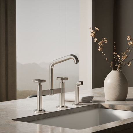 Billet® Two-hole bridge kitchen sink faucet with side sprayer
