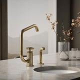 Billet® Single-handle bar sink faucet with two-function extended-reach spout and side sprayer