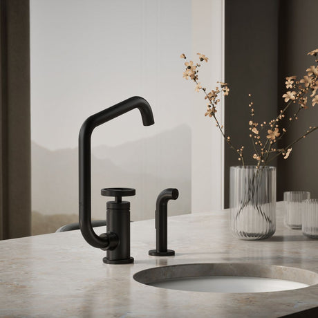 Billet® Single-handle bar sink faucet with two-function extended-reach spout and side sprayer