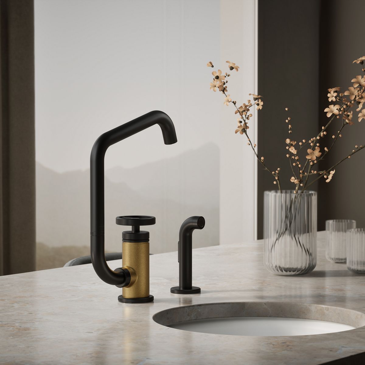 Billet® Single-handle bar sink faucet with two-function extended-reach spout and side sprayer
