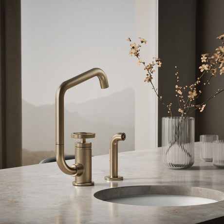 Billet® Single-handle bar sink faucet with two-function extended-reach spout and side sprayer