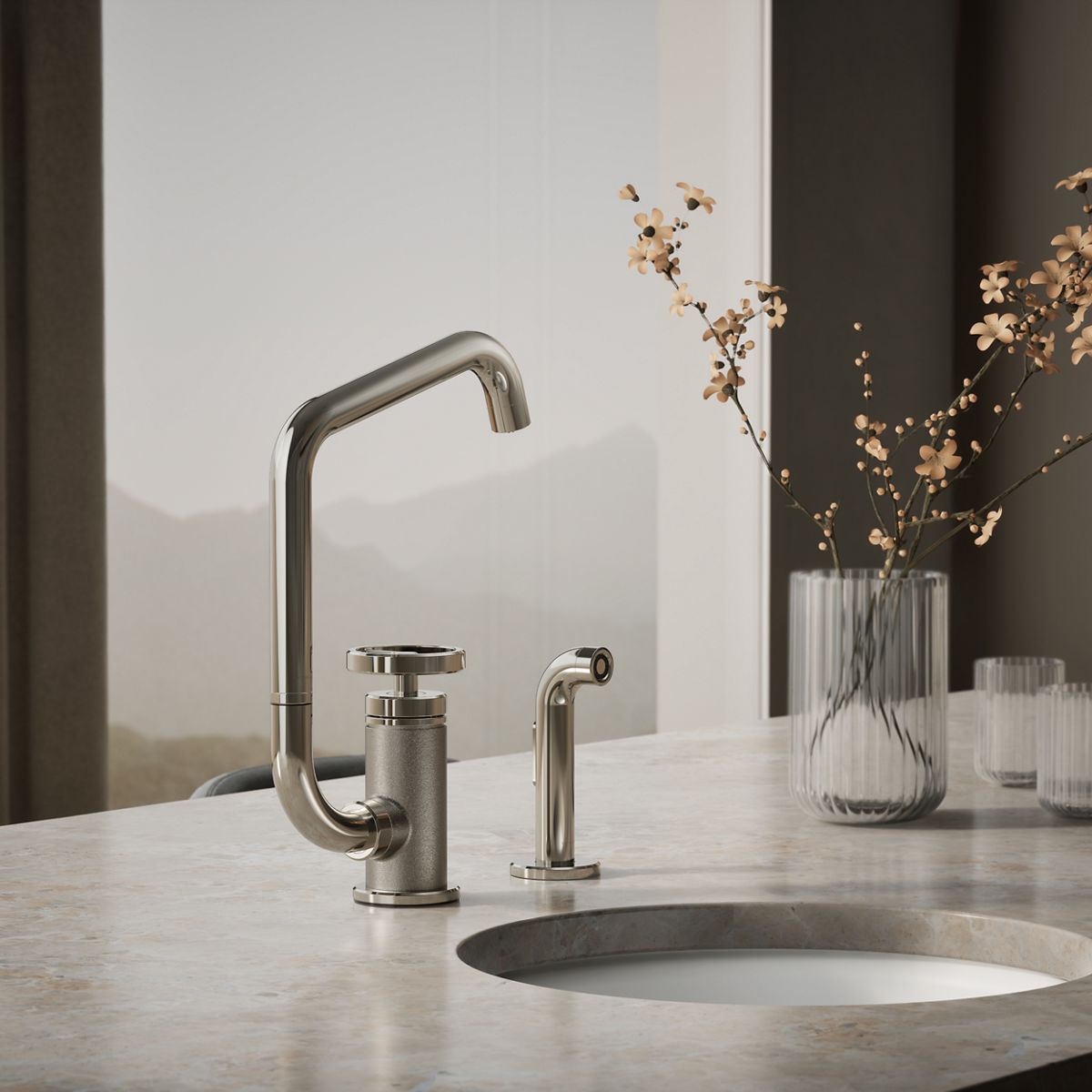Billet® Single-handle bar sink faucet with two-function extended-reach spout and side sprayer