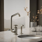 Billet® Single-handle bar sink faucet with two-function extended-reach spout and side sprayer