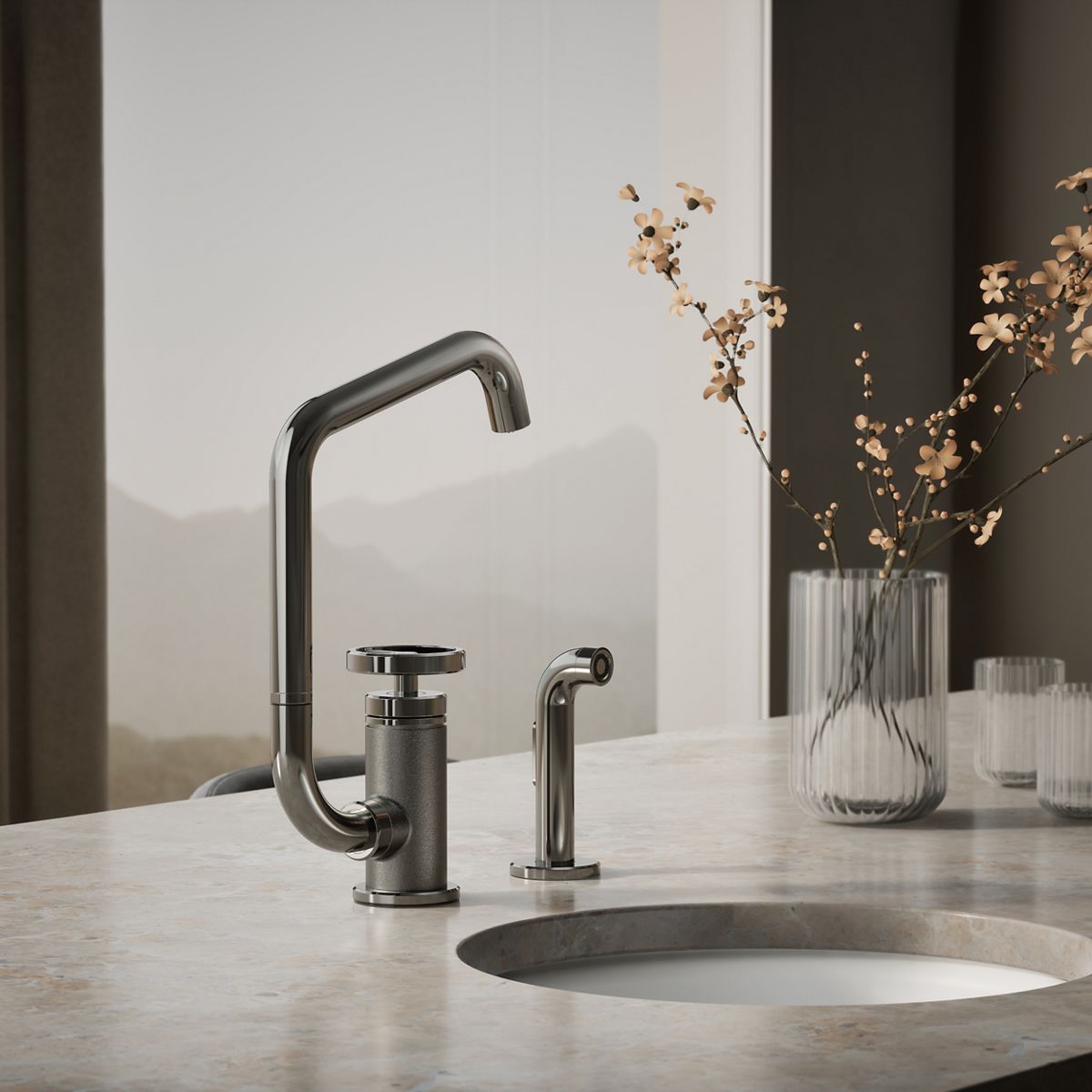 Billet® Single-handle bar sink faucet with two-function extended-reach spout and side sprayer