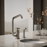 Billet® Single-handle bar sink faucet with two-function extended-reach spout and side sprayer